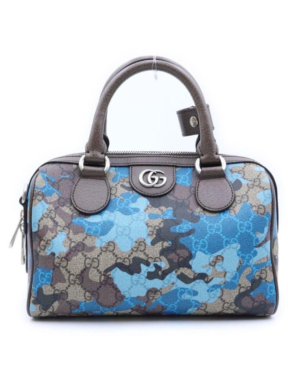 Gucci GG Camouflage Mini Boston 2-Way Shoulder Bag Beige Blue Leather Silver